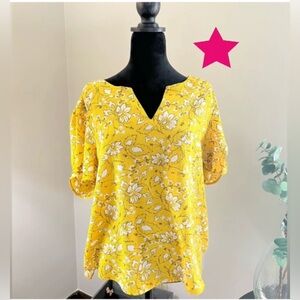 Yellow blouse with brown & white design size large